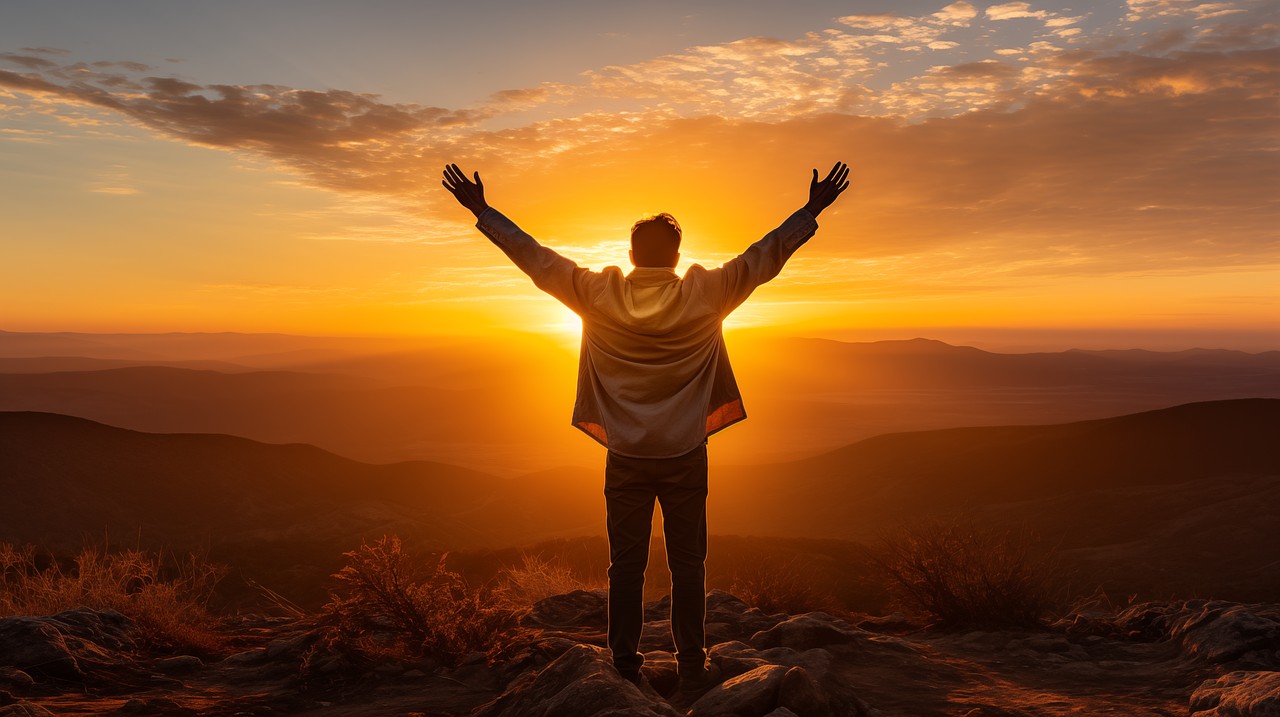 Person raising arms on a mountain at sunrise